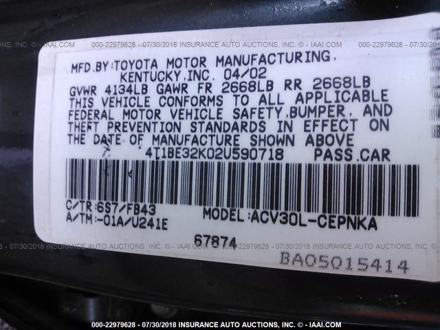 4T1BE32K02U590718 - 2002 TOYOTA CAMRY LE/XLE/SE GREEN photo 9