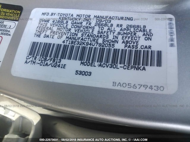 4T1BE32K94U792055 - 2004 TOYOTA CAMRY LE/XLE/SE Gümüş foto 9