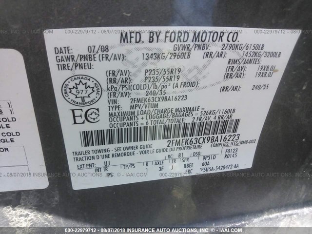 2FMEK63CX9BA16223 - 2009 FORD FLEX LIMITED GRAY photo 9