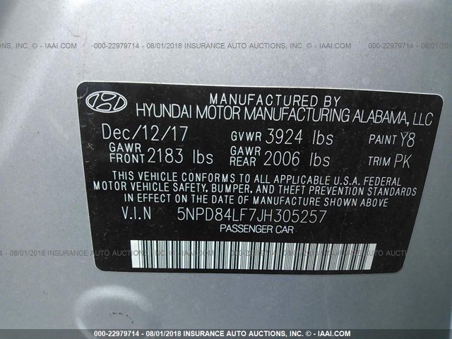 5NPD84LF7JH305257 - 2018 HYUNDAI ELANTRA SEL/VALUE/LIMITED SILVER photo 9