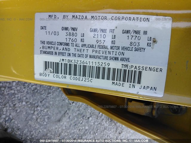 JM1BK323641115259 - 2004 MAZDA 3 S YELLOW photo 9