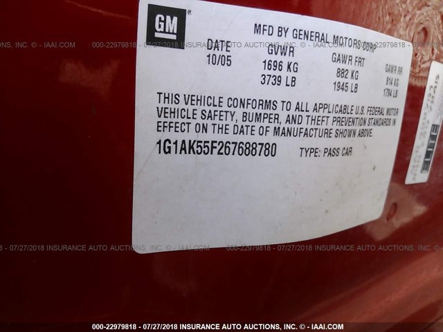 1G1AK55F267688780 - 2006 CHEVROLET COBALT LS RED photo 9