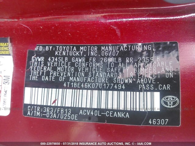 4T1BE46K07U177494 - 2007 TOYOTA CAMRY NEW GENERAT CE/LE/XLE/SE RED photo 9