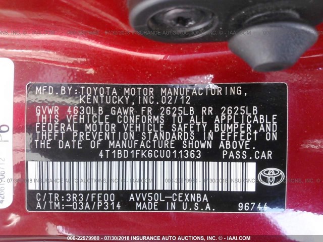 4T1BD1FK6CU011363 - 2012 TOYOTA CAMRY HYBRID/LE/XLE RED photo 9