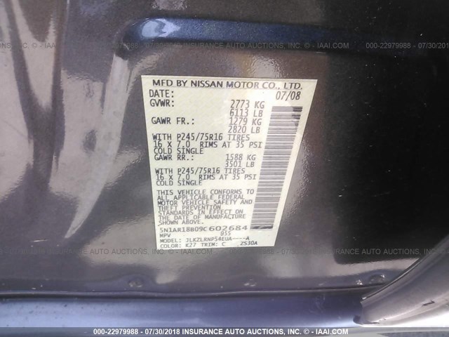 5N1AR18B09C602684 - 2009 NISSAN PATHFINDER S/LE/SE GRAY photo 9