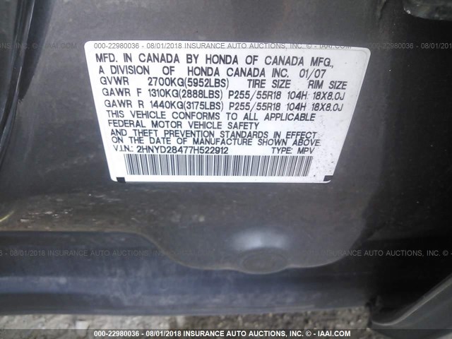 2HNYD28477H522912 - 2007 ACURA MDX TECHNOLOGY GRAY photo 9