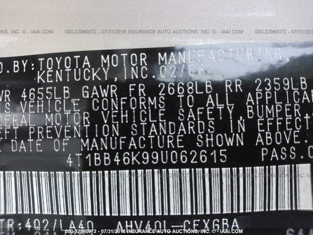 4T1BB46K99U062615 - 2009 TOYOTA CAMRY HYBRID GOLD photo 9