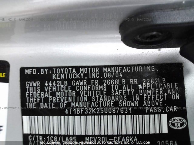 4T1BF32K25U087631 - 2005 TOYOTA CAMRY LE/XLE/SE Gümüş foto 9