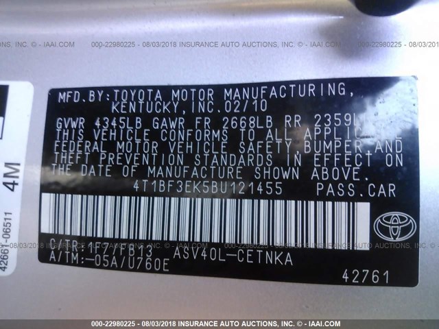 4T1BF3EK5BU121455 - 2011 TOYOTA CAMRY SE/LE/XLE ვერცხლისფერი ფოტო 9