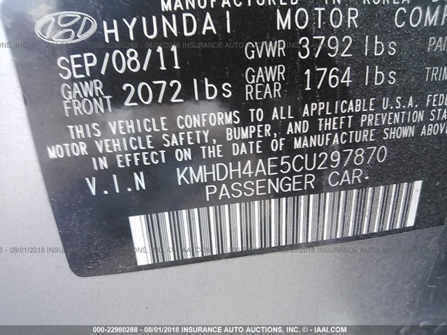 KMHDH4AE5CU297870 - 2012 HYUNDAI ELANTRA GLS/LIMITED SILVER photo 9