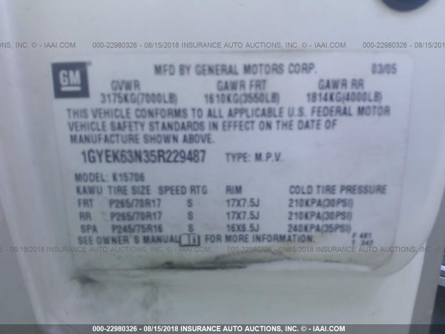 1GYEK63N35R229487 - 2005 CADILLAC ESCALADE LUXURY CREAM photo 9