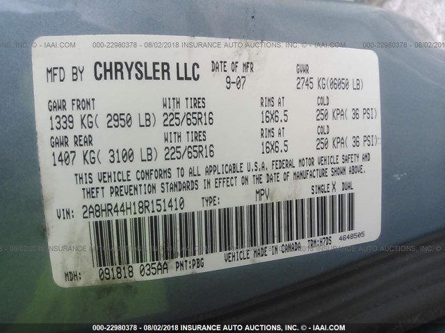 2A8HR44H18R151410 - 2008 CHRYSLER TOWN & COUNTRY LX Light Blue photo 9