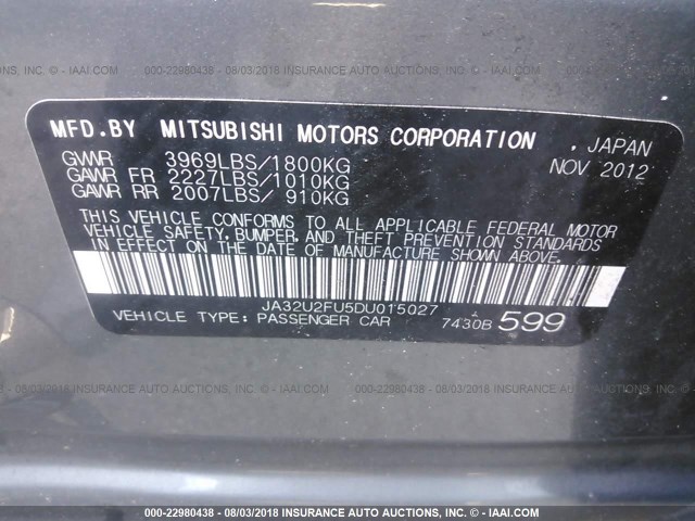 JA32U2FU5DU015027 - 2013 MITSUBISHI LANCER ES/ES SPORT GRAY photo 9