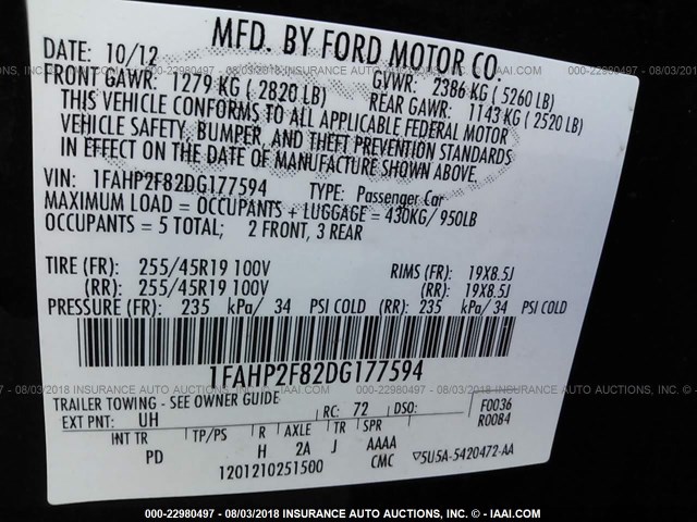 1FAHP2F82DG177594 - 2013 FORD TAURUS LIMITED BLACK photo 9