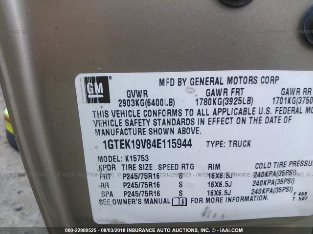 1GTEK19V84E115944 - 2004 GMC NEW SIERRA K1500 GOLD photo 9