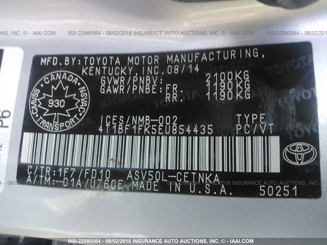 4T1BF1FK5EU854435 - 2014 TOYOTA CAMRY L/SE/LE/XLE Gümüş foto 9