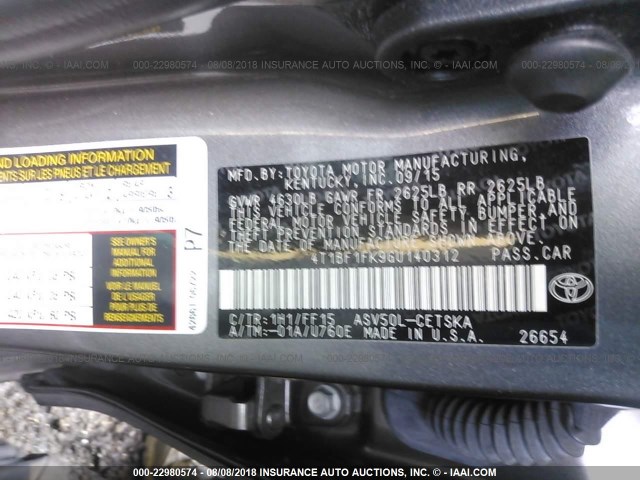 4T1BF1FK9GU140312 - 2016 TOYOTA CAMRY LE/XLE/SE/XSE GRAY photo 9