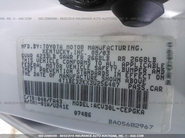 4T1BE32KX3U256407 - 2003 TOYOTA CAMRY LE/XLE/SE 白色 照片 9