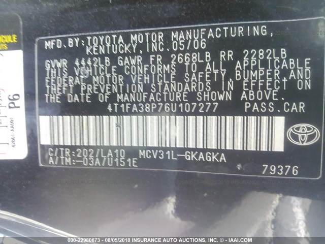 4T1FA38P76U107277 - 2006 TOYOTA CAMRY SOLARA SE/SLE შავი ფოტო 9