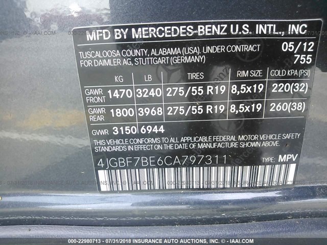 4JGBF7BE6CA797311 - 2012 MERCEDES-BENZ GL 450 4MATIC GRAY photo 9