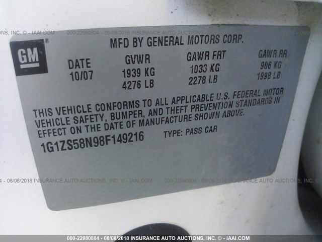 1G1ZS58N98F149216 - 2008 CHEVROLET MALIBU LS Ağ foto 9