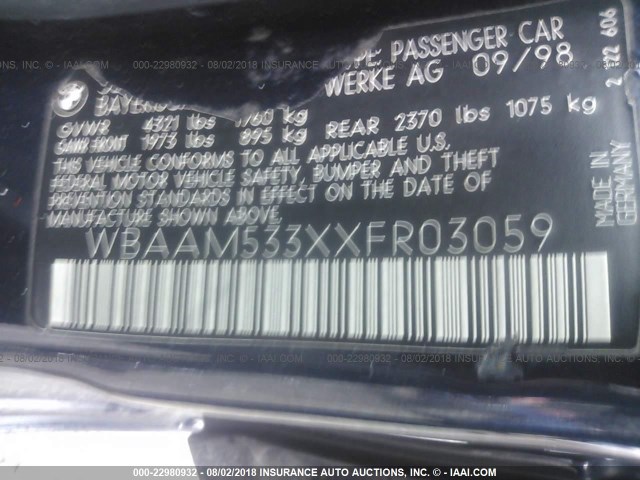 WBAAM533XXFR03059 - 1999 BMW 328 I AUTOMATIC ლურჯი ფოტო 9