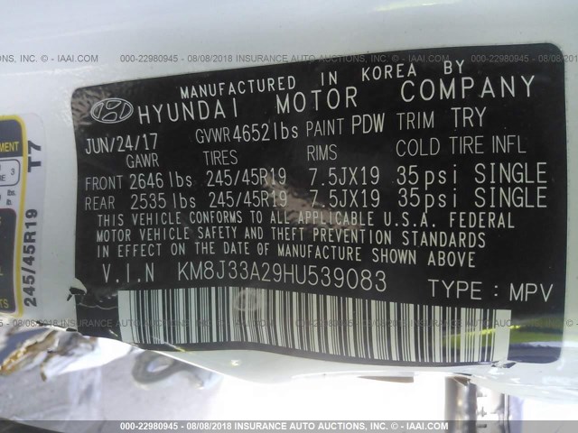 KM8J33A29HU539083 - 2017 HYUNDAI TUCSON LIMITED/SPORT AND ECO/SE WHITE photo 9