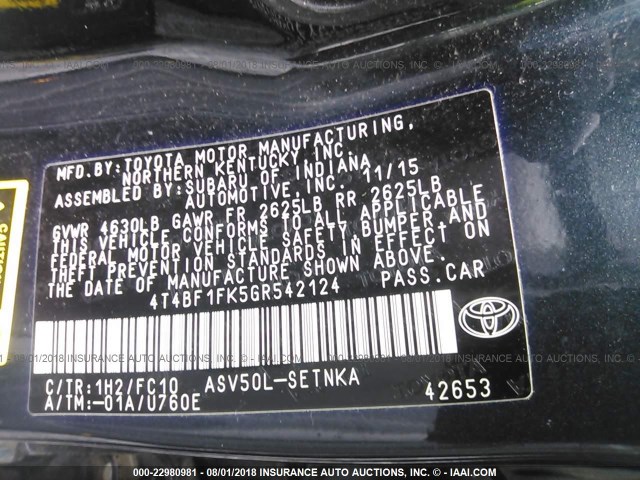 4T4BF1FK5GR542124 - 2016 TOYOTA CAMRY LE/XLE/SE/XSE BLUE photo 9