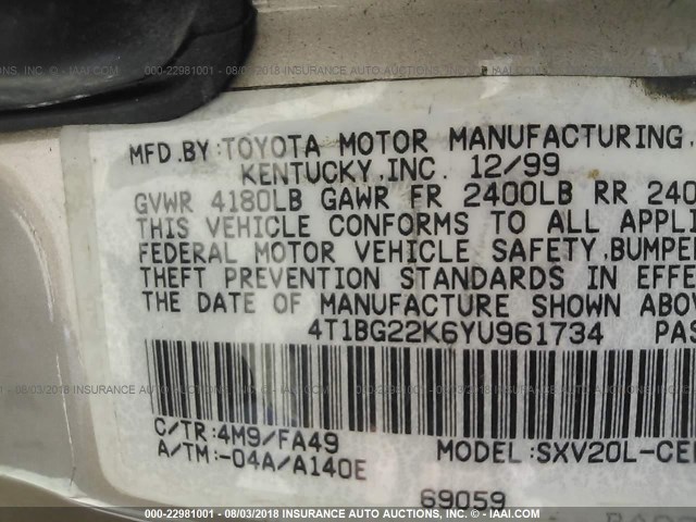 4T1BG22K6YU961734 - 2000 TOYOTA CAMRY CE/LE/XLE 棕色 照片 9