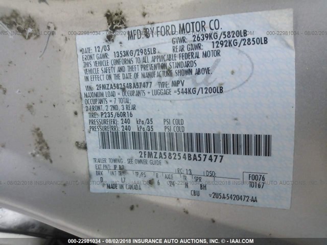 2FMZA58254BA57477 - 2004 FORD FREESTAR LIMITED GRAY photo 9