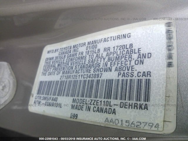 2T1BR12E1YC343897 - 2000 TOYOTA COROLLA VE/CE/LE 金色 照片 9