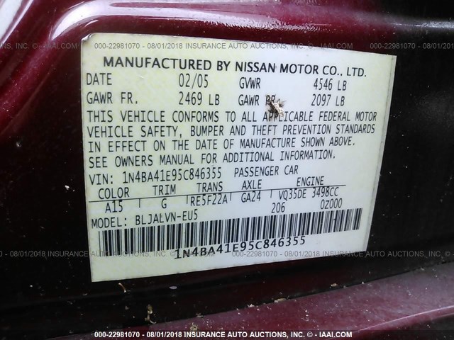 1N4BA41E95C846355 - 2005 NISSAN MAXIMA SE/SL MAROON photo 9