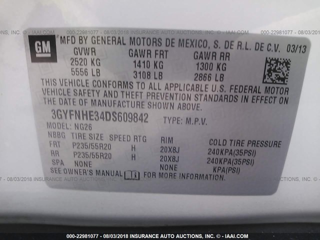 3GYFNHE34DS609842 - 2013 CADILLAC SRX PERFORMANCE COLLECTION Ақ фото 9