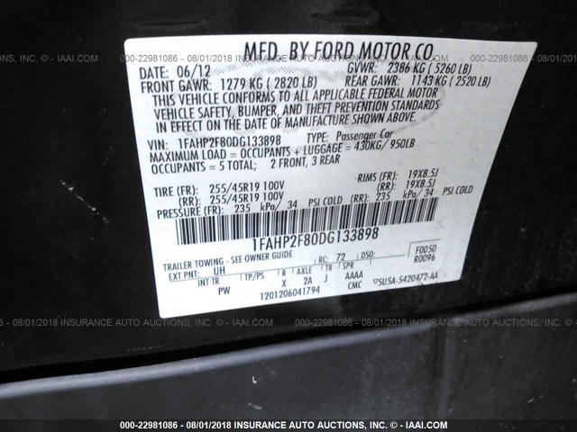 1FAHP2F80DG133898 - 2013 FORD TAURUS LIMITED BLACK photo 9