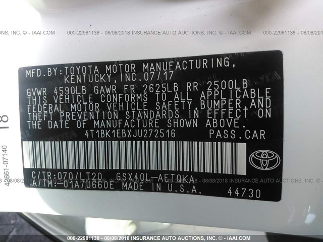 4T1BK1EBXJU272516 - 2018 TOYOTA AVALON XLE PLUS/PREMIUM/TOUR/LTD WHITE photo 9