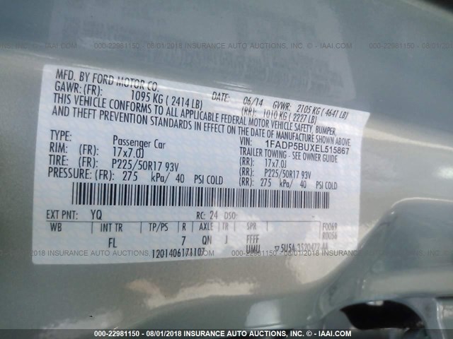 1FADP5BUXEL515867 - 2014 FORD C-MAX SEL Light Blue photo 9