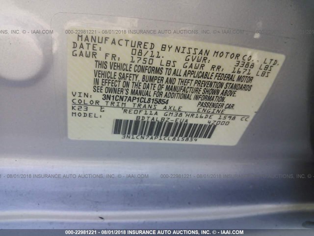 3N1CN7AP1CL815854 - 2012 NISSAN VERSA S/SV/SL SILVER photo 9