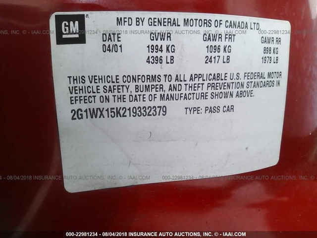 2G1WX15K219332379 - 2001 CHEVROLET MONTE CARLO SS RED photo 9