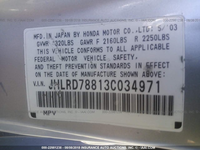 JHLRD78813C034971 - 2003 HONDA CR-V EX SILVER photo 9