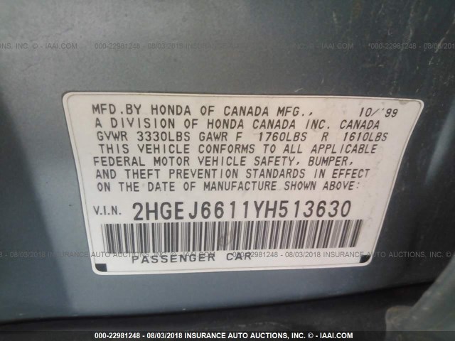 2HGEJ6611YH513630 - 2000 HONDA CIVIC SE Light Blue photo 9