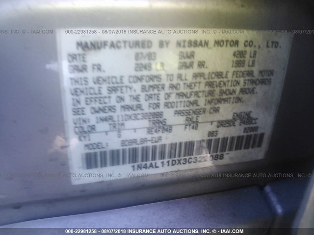 1N4AL11DX3C322088 - 2003 NISSAN ALTIMA S/SL SILVER photo 9