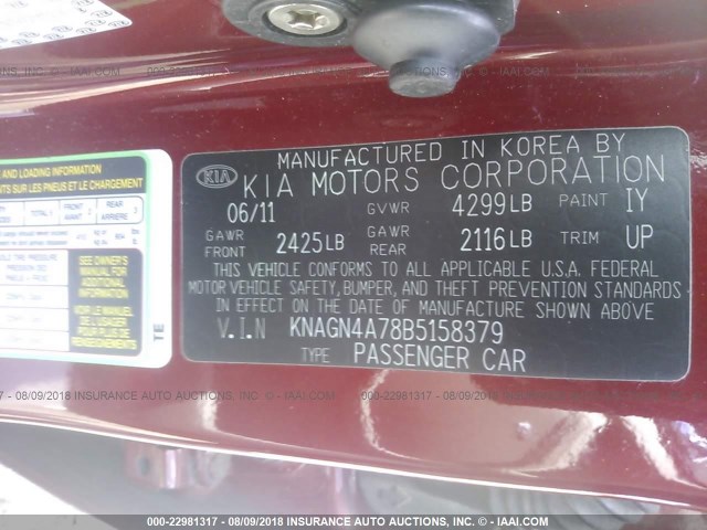 KNAGN4A78B5158379 - 2011 KIA OPTIMA EX/SX RED photo 9