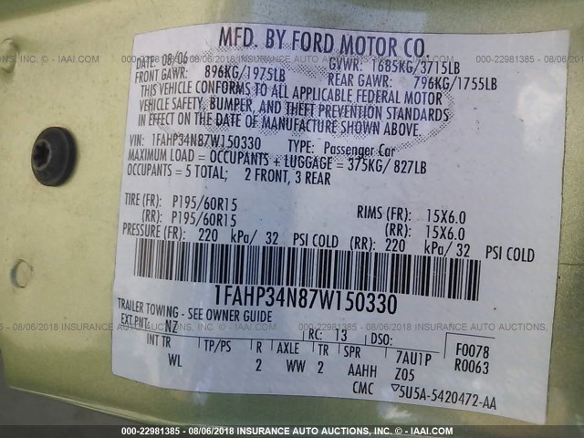 1FAHP34N87W150330 - 2007 FORD FOCUS ZX4/S/SE/SES 绿色 照片 9