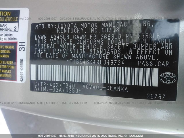 4T1BE46K49U349724 - 2009 TOYOTA CAMRY SE/LE/XLE ოქროსფერი ფოტო 9