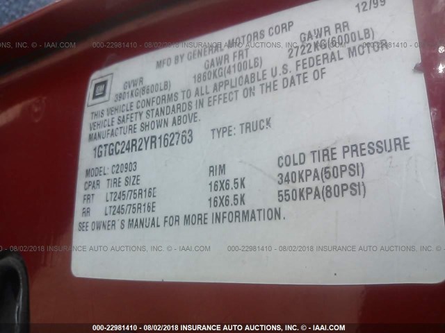 1GTGC24R2YR162763 - 2000 GMC SIERRA C2500 RED photo 9