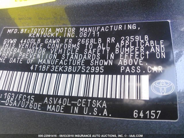 4T1BF3EK3BU752995 - 2011 TOYOTA CAMRY SE/LE/XLE GRAY photo 9