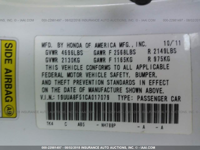 19UUA8F51CA017079 - 2012 ACURA TL WHITE photo 9