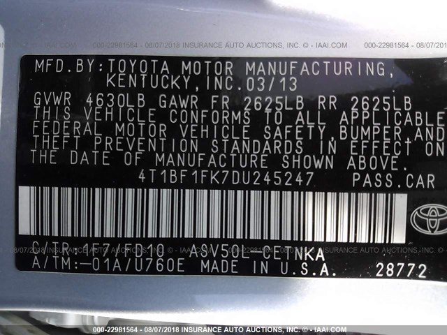 4T1BF1FK7DU245247 - 2013 TOYOTA CAMRY L/SE/LE/XLE 银色 照片 9