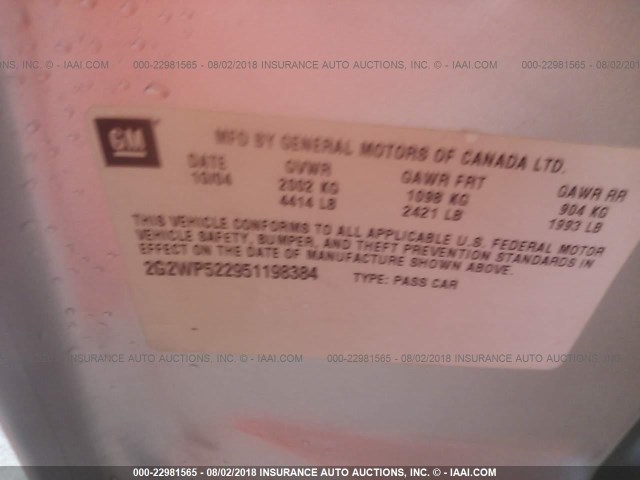 2G2WP522951198384 - 2005 PONTIAC GRAND PRIX SILVER photo 9