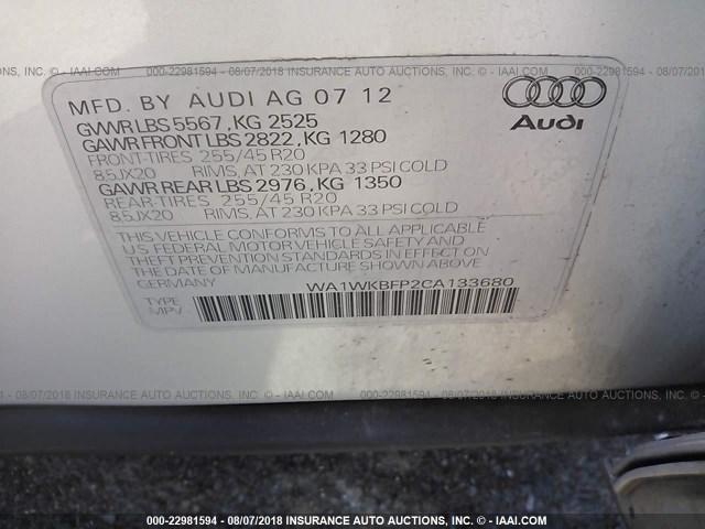 WA1WKBFP2CA133680 - 2012 AUDI Q5 PRESTIGE SILVER photo 9